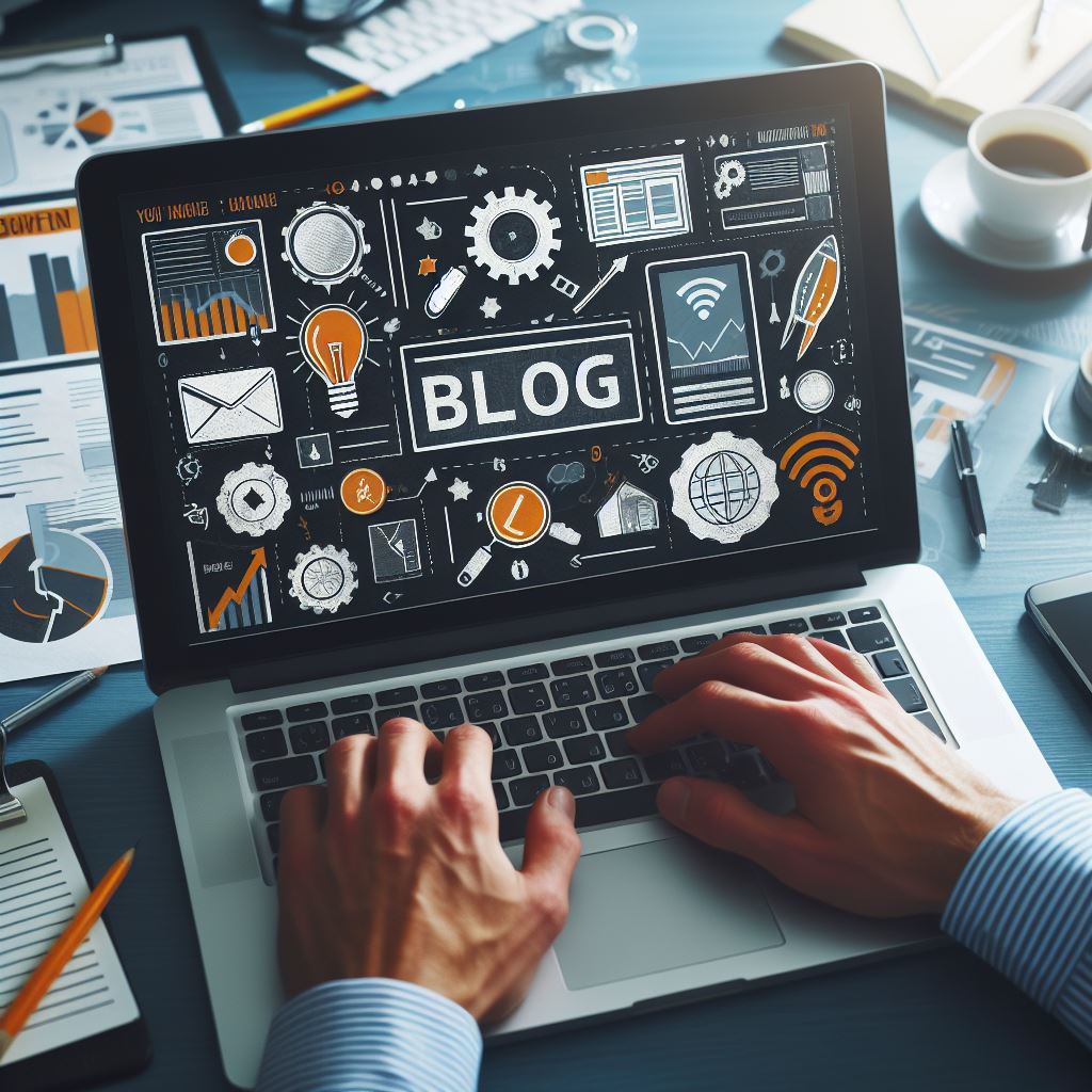 obrazek przedstawiający ręce czlowieka, który tworzy wpis na bloga firmowego