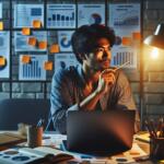 osoba przed laptopem, zajmujaca sie obmyslaniem strategii content marketingu